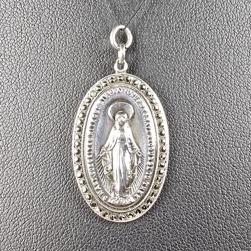 Vintage Sterling Silver Marcasite Mother Mary Oval Pendant